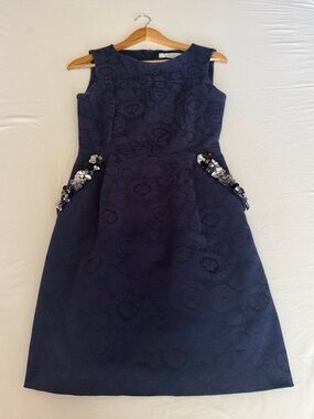 Sleeveless Navy Floral Jacquard Dress with Beaded Pocket Embellishments